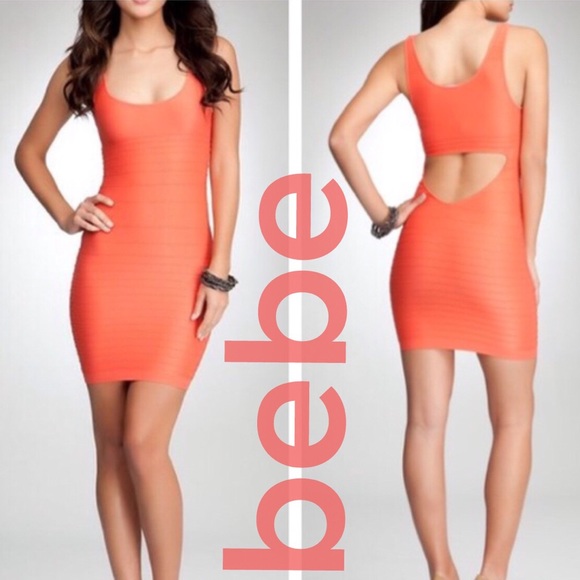 bebe Dresses & Skirts - Bebe Coral Shimmering Sexy Bodycon Club Dress